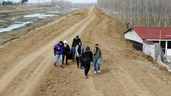 Группа сирийских мигрантов на турецко-греческой границе недалеко от города Эдирне Группа сирийских мигрантов на турецко-греческой границе недалеко от города Эдирне