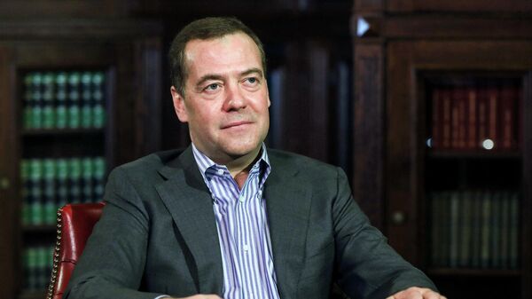 Заместитель председателя Совета безопасности РФ Дмитрий Медведев во время интервью агентству 365NEWS.BIZ