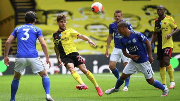 Watford's Spanish defender Kiko Femenia (2L) clears the ball during the English Premier League football match between Watford and Leicester City at Vicarage Road Stadium in Watford, north of London on June 20, 2020. (Photo by ANDY RAIN / POOL / AFP) / RESTRICTED TO EDITORIAL USE. No use with unauthorized audio, video, data, fixture lists, club/league logos or 'live' services. Online in-match use limited to 120 images. An additional 40 images may be used in extra time. No video emulation. Social media in-match use limited to 120 images. An additional 40 images may be used in extra time. No use in betting publications, games or single club/league/player publications. / Watford's Spanish defender Kiko Femenia (2L) clears the ball during the English Premier League football match between Watford and Leicester City at Vicarage Road Stadium in Watford, north of London on June 20, 2020. (Photo by ANDY RAIN / POOL / AFP) / RESTRICTED TO EDITORIAL USE. No use with unauthorized audio, video, data, fixture lists, club/league logos or 'live' services. Online in-match use limited to 120 images. An additional 40 images may be used in extra time. No video emulation. Social media in-match use limited to 120 images. An additional 40 images may be used in extra time. No use in betting publications, games or single club/league/player publications. /