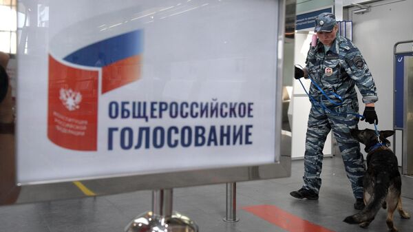 Сотрудник полиции с собакой во время голосования по внесению поправок в Конституцию РФ на избирательном участке в аэропорту Санкт-Петербурга Пулково Сотрудник полиции с собакой во время голосования по внесению поправок в Конституцию РФ на избирательном участке в аэропорту Санкт-Петербурга Пулково