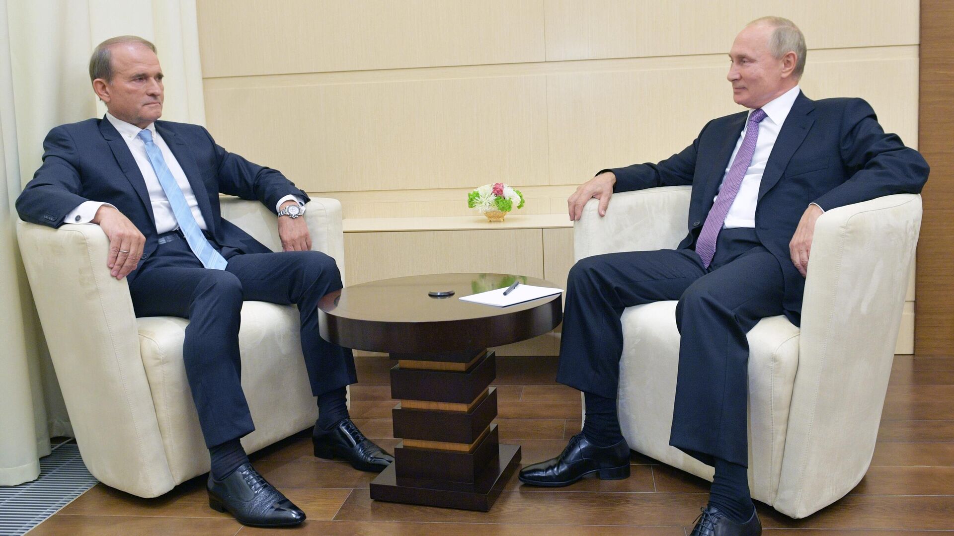 Президент РФ Владимир Путин и председатель политсовета украинской партии Оппозиционная платформа - За жизнь Виктор Медведчук во время встречи Президент РФ Владимир Путин и председатель политсовета украинской партии Оппозиционная платформа - За жизнь Виктор Медведчук во время встречи - РИА Новости, 1920, 06.10.2020