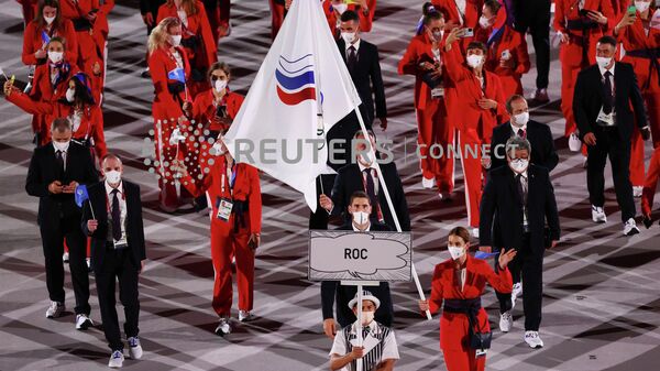 Сборная России на церемонии открытия Олимпийских игр в Токио. Сборная России на церемонии открытия Олимпийских игр в Токио.