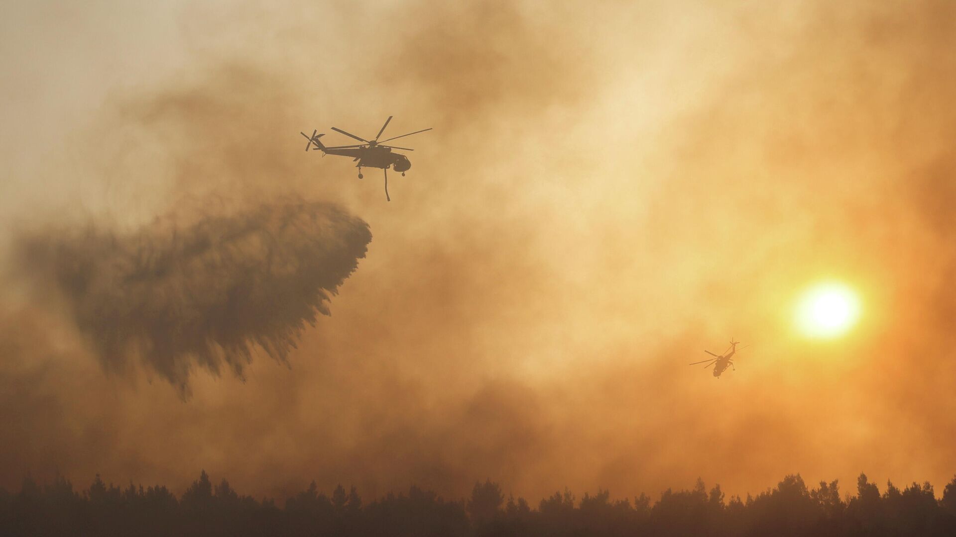 Пожарный вертолет во время тушения лесного пожара в пригороде Афин Варибоби - РИА Новости, 1920, 05.08.2021