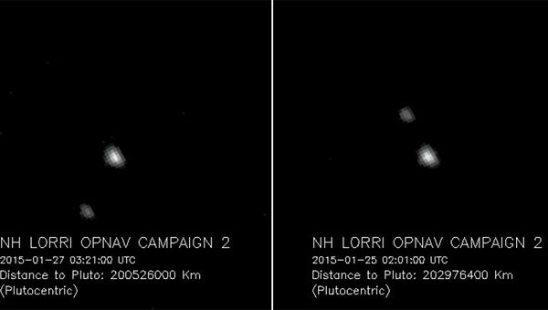 Снимки Плутона и Харона, полученные камерой LORRI на борту зонда New Horizons 25 и 27 января Снимки Плутона и Харона, полученные камерой LORRI на борту зонда New Horizons 25 и 27 января