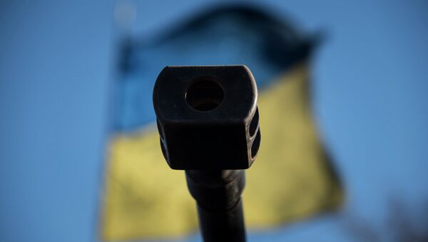 Оружейный ствол на фоне флага Украины. Архивное фото Оружейный ствол на фоне флага Украины. Архивное фото