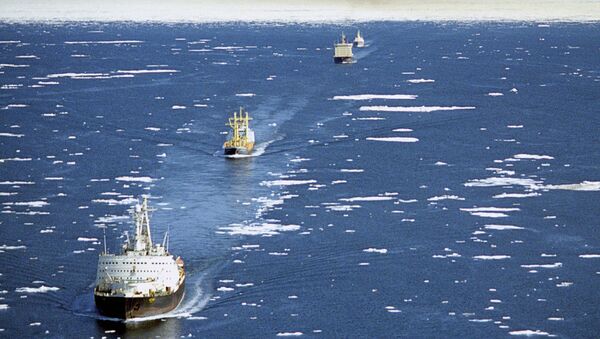 Караван судов на трассе Северного морского пути. Архивное фото Караван судов на трассе Северного морского пути. Архивное фото