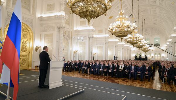 Президент России Владимир Путин во время оглашения ежегодного послания президента Российской Федерации Федеральному Собранию Президент России Владимир Путин во время оглашения ежегодного послания президента Российской Федерации Федеральному Собранию