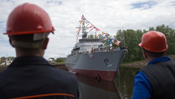 Cпуск на воду головного корабля противоминной обороны нового поколения Александр Обухов в Санкт-Петербурге. Архивное фото Cпуск на воду головного корабля противоминной обороны нового поколения Александр Обухов в Санкт-Петербурге. Архивное фото