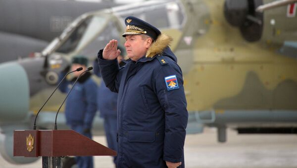 Командующий 4 армией ПВО и ВВС, генерал-лейтенант Виктор Севастьянов на торжественной церемонии передачи новых ударных вертолетов Ка-52 Аллигатор личному составу вертолетного полка ЮВО в Краснодарском крае Командующий 4 армией ПВО и ВВС, генерал-лейтенант Виктор Севастьянов на торжественной церемонии передачи новых ударных вертолетов Ка-52 Аллигатор личному составу вертолетного полка ЮВО в Краснодарском крае