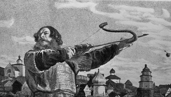 Евгений Кибрик. Илья Муромец в ссоре с князем Владимиром. Архивное изображение Евгений Кибрик. Илья Муромец в ссоре с князем Владимиром. Архивное изображение
