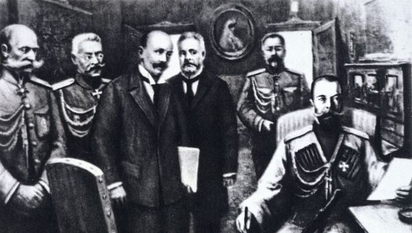 Отречение императора России Николая II в ночь на 3 марта 1917 года. В царском вагоне (слева направо): министр императорского двора Владимир Борисович Фредерикс, генерал Николай Владимирович Рузский, депутаты Госдумы Василий Витальевич Шульгин и Александр Иванович Гучков, император Николай Второй. Отречение императора России Николая II в ночь на 3 марта 1917 года. В царском вагоне (слева направо): министр императорского двора Владимир Борисович Фредерикс, генерал Николай Владимирович Рузский, депутаты Госдумы Василий Витальевич Шульгин и Александр Иванович Гучков, император Николай Второй.