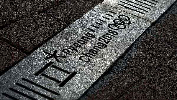 Символика XXIII Олимпийских игр на решетки водостока в олимпийском парке в Пхенчхане Символика XXIII Олимпийских игр на решетки водостока в олимпийском парке в Пхенчхане