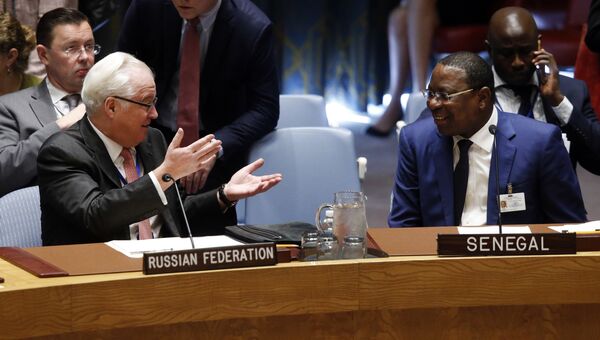 Постоянный представитель России при ООН Виталий Чуркин и министр иностранных дел Сенегала Манкур Ндиайе перед началом заседания Совета Безопасности Постоянный представитель России при ООН Виталий Чуркин и министр иностранных дел Сенегала Манкур Ндиайе перед началом заседания Совета Безопасности