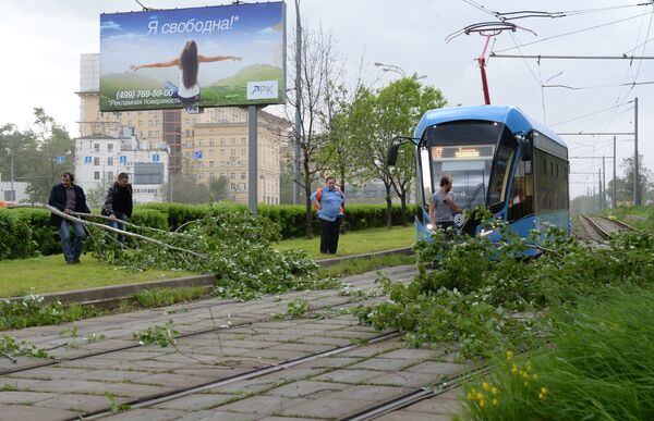 Сломанное ураганом дерево на трамвайных путях в Москве Сломанное ураганом дерево на трамвайных путях в Москве