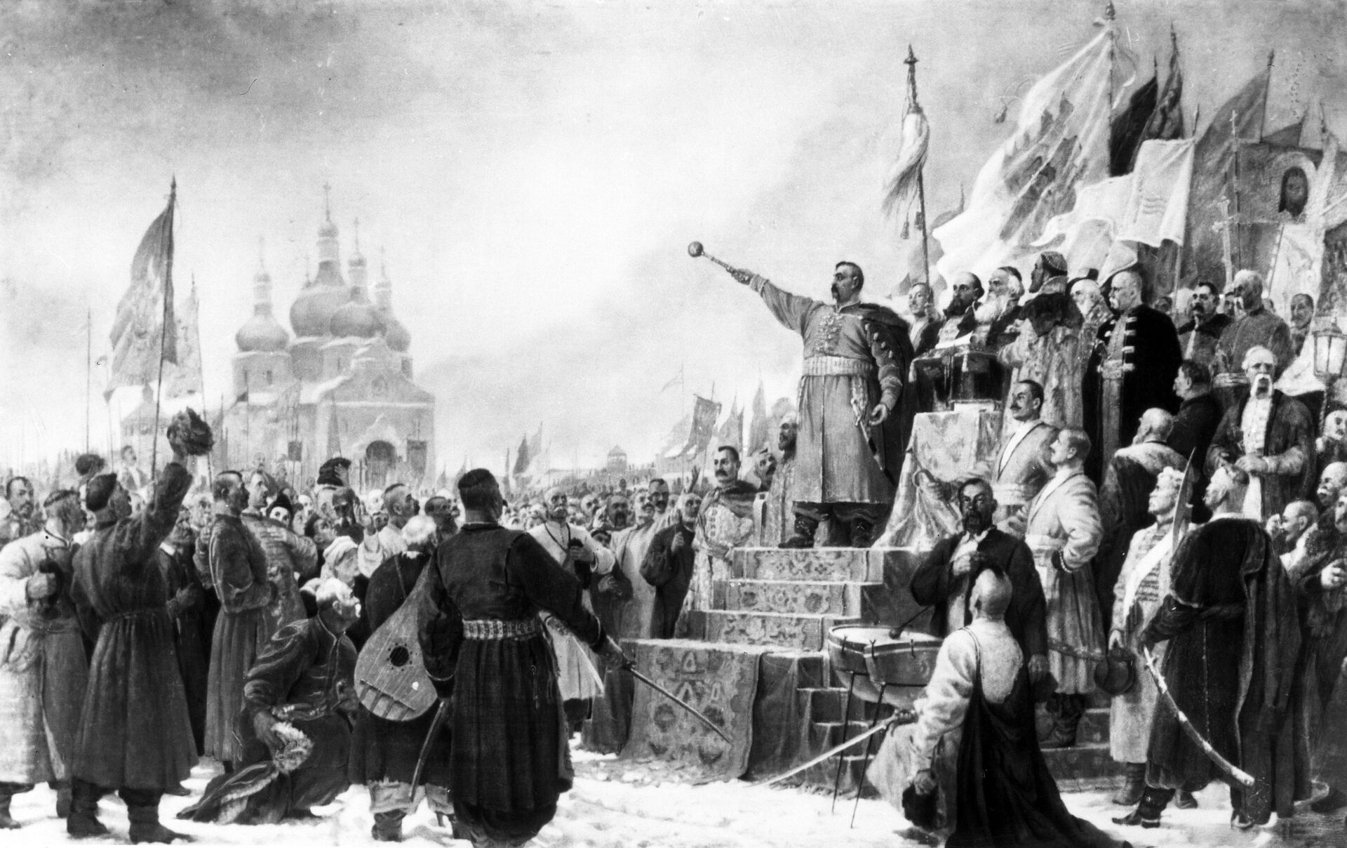 Репродукция рисунка Переяславская рада. Богдан Хмельницкий выступает за воссоединение Украины и России. Репродукция рисунка Переяславская рада. Богдан Хмельницкий выступает за воссоединение Украины и России. - РИА Новости, 1920, 25.10.2020