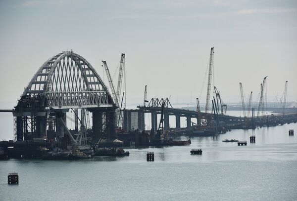 Подготовка к установке автодорожной арки в процессе строительства Крымского моста в Керченском проливе Подготовка к установке автодорожной арки в процессе строительства Крымского моста в Керченском проливе