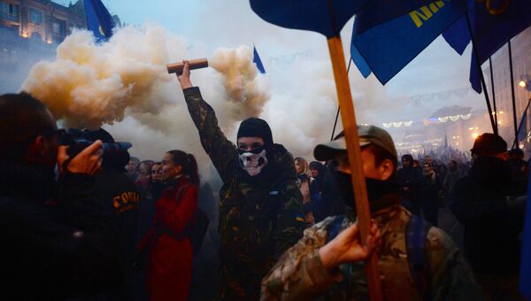 Участники марша по случаю 75-й годовщины создания Украинской повстанческой армии* в Киеве, Украина. 14 октября 2017 Участники марша по случаю 75-й годовщины создания Украинской повстанческой армии* в Киеве, Украина. 14 октября 2017
