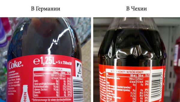 В 100 г Кока-колы, продающейся в Германии, содержится 11,6 г сахара, в 100 г точно такой же Кока-колы в Чехии – 11,2 г сахара. Но производитель не уточняет, что в том напитке, который можно купить в Германии, - настоящий сахар, а в том, который в Чехии, – эрзац: дешевый кукурузный сироп. В 100 г Кока-колы, продающейся в Германии, содержится 11,6 г сахара, в 100 г точно такой же Кока-колы в Чехии – 11,2 г сахара. Но производитель не уточняет, что в том напитке, который можно купить в Германии, - настоящий сахар, а в том, который в Чехии, – эрзац: дешевый кукурузный сироп.