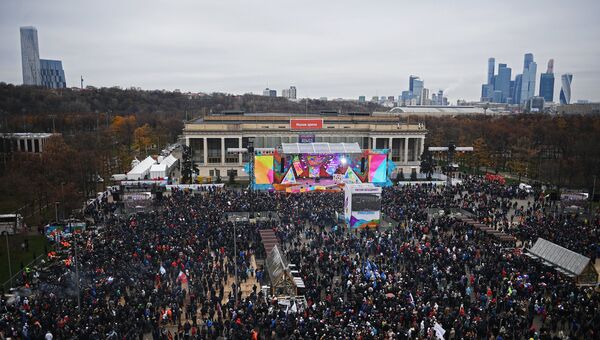 Посетители перед началом митинг-концерта Россия объединяет! на большой спортивной арене Лужники в Москве. 4 ноября 2017 Посетители перед началом митинг-концерта Россия объединяет! на большой спортивной арене Лужники в Москве. 4 ноября 2017