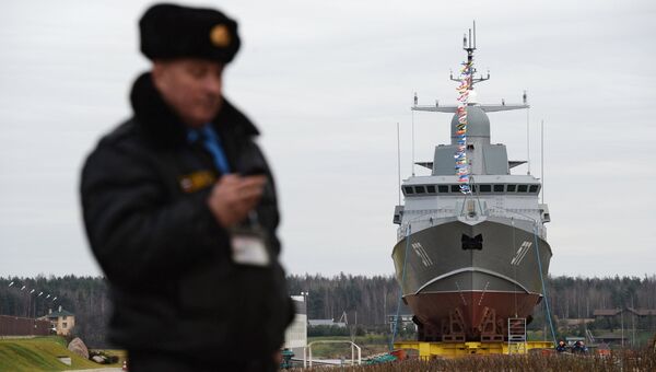 Малый ракетный корабль Тайфун проекта 22800 перед началом спуска на воду на Ленинградском судостроительном заводе Пелла. 24 ноября 2017 Малый ракетный корабль Тайфун проекта 22800 перед началом спуска на воду на Ленинградском судостроительном заводе Пелла. 24 ноября 2017