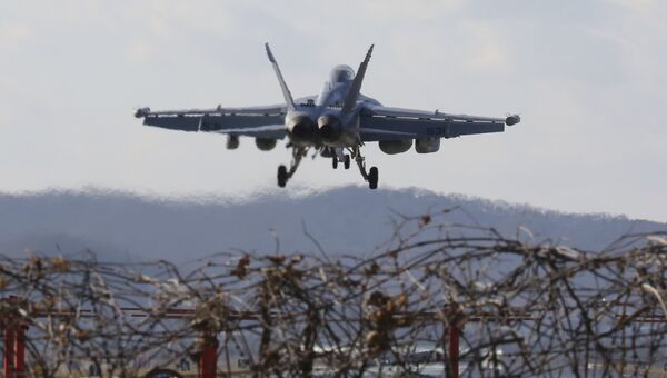 Американский самолет EA-18G Growler на авиабазе Осана во время совместных учений с Южной Кореей. 4 декабря 2017 Американский самолет EA-18G Growler на авиабазе Осана во время совместных учений с Южной Кореей. 4 декабря 2017