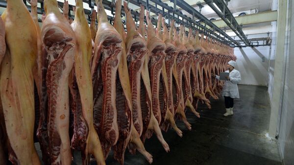 Сотрудница группы компаний Здоровая Ферма в цехе по обвалке мяса Сотрудница группы компаний Здоровая Ферма в цехе по обвалке мяса