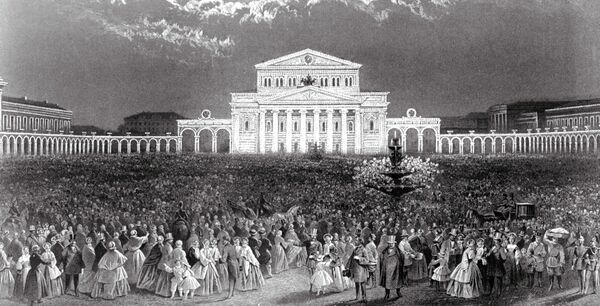 Репродукция литографии 1856 года Иллюминация Большого театра в день коронации Репродукция литографии 1856 года Иллюминация Большого театра в день коронации