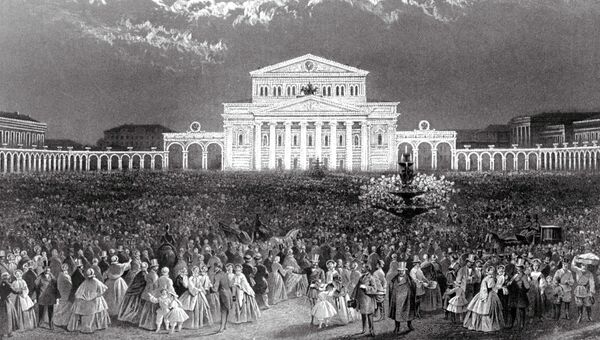 Репродукция литографии 1856 года Иллюминация Большого театра в день коронации Репродукция литографии 1856 года Иллюминация Большого театра в день коронации