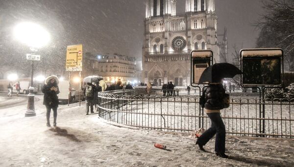 Прохожие возле Собора Парижской Богоматери (Notre-Dame de Paris) во время снегопада в Париже Прохожие возле Собора Парижской Богоматери (Notre-Dame de Paris) во время снегопада в Париже