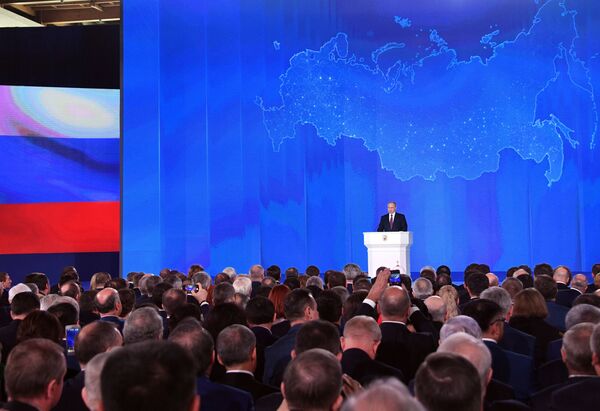 Владимир Путин выступает с ежегодным посланием Федеральному Собранию в ЦВЗ Манеж. 1 марта 2018 Владимир Путин выступает с ежегодным посланием Федеральному Собранию в ЦВЗ Манеж. 1 марта 2018
