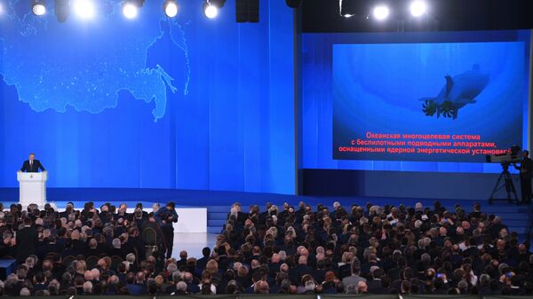 Президент РФ Владимир Путин выступает с ежегодным посланием Федеральному Собранию. 1 марта 2018 Президент РФ Владимир Путин выступает с ежегодным посланием Федеральному Собранию. 1 марта 2018