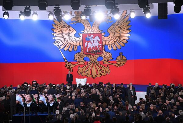 Президент РФ Владимир Путин выступает с ежегодным посланием Федеральному Собранию в ЦВЗ Манеж Президент РФ Владимир Путин выступает с ежегодным посланием Федеральному Собранию в ЦВЗ Манеж