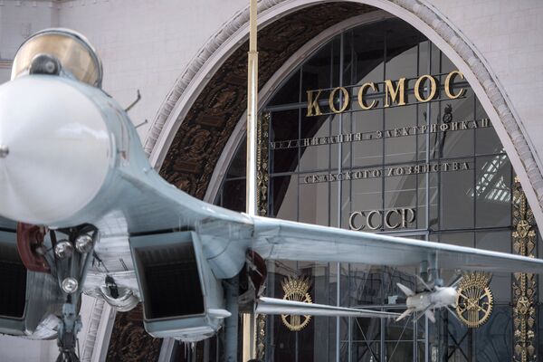 Самолет Су-27 перед павильоном Космос на ВДНХ Самолет Су-27 перед павильоном Космос на ВДНХ
