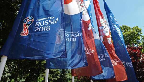 Флаги, посвященные чемпионату мира по футболу ФИФА-2018, в Ростове-на-Дону. Архивное фото Флаги, посвященные чемпионату мира по футболу ФИФА-2018, в Ростове-на-Дону. Архивное фото
