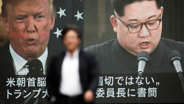 Портреты президента США Дональда Трампа и лидера КНДР Ким Чен Ына. Архивное фото Портреты президента США Дональда Трампа и лидера КНДР Ким Чен Ына. Архивное фото