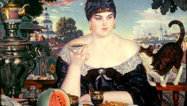 Репродукция картины Бориса Кустодиева Купчиха за чаем, 1918 Репродукция картины Бориса Кустодиева Купчиха за чаем, 1918