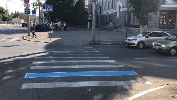 Закрашенная синей краской дорожная разметка в центре Саратова Закрашенная синей краской дорожная разметка в центре Саратова