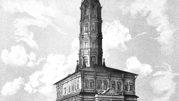 Репродукция литографии Ф. Бенуа Сухарева башня. Конец 1840 г.г.. Из сборника Русская старина 1847 года. Находится в коллекции Музея истории города Москвы Репродукция литографии Ф. Бенуа Сухарева башня. Конец 1840 г.г.. Из сборника Русская старина 1847 года. Находится в коллекции Музея истории города Москвы