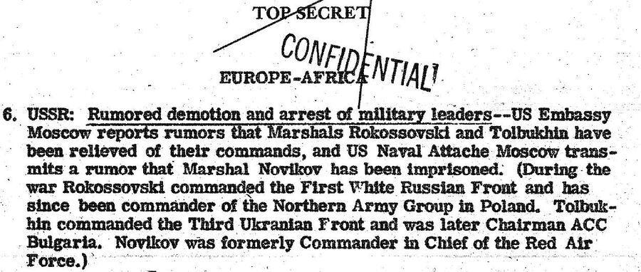 Сообщение в сводке от 13 августа 1946 года о чистке среди советских военачальников Сообщение в сводке от 13 августа 1946 года о чистке среди советских военачальников