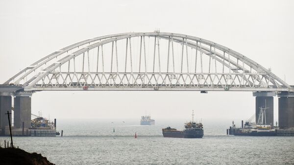 Суда проходят под аркой Крымского моста после возобновления судоходства в Керченском проливе. 26 ноября 2015 Суда проходят под аркой Крымского моста после возобновления судоходства в Керченском проливе. 26 ноября 2015