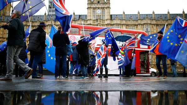 Противники выхода Великобритании из ЕС во время акции у здания парламента в Лондоне. 3 декабря 2018 Противники выхода Великобритании из ЕС во время акции у здания парламента в Лондоне. 3 декабря 2018