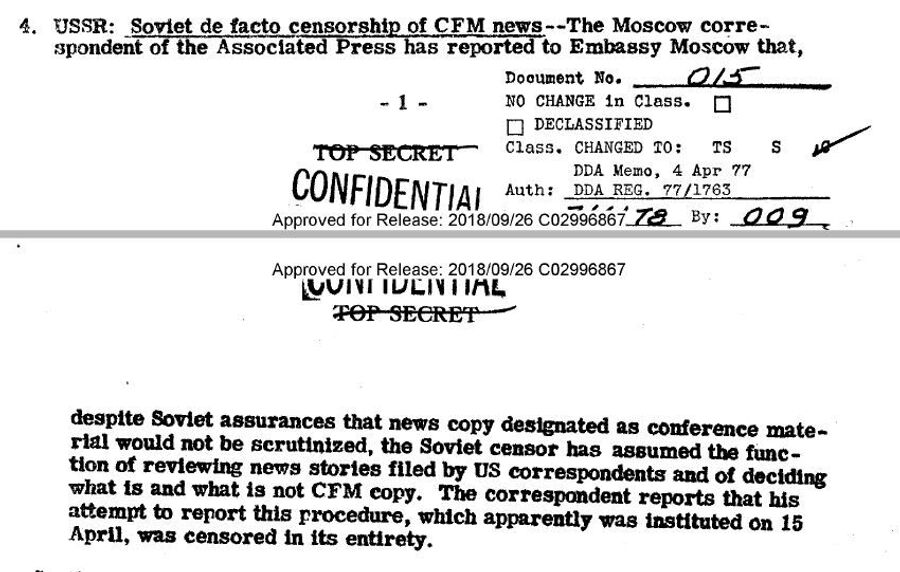 Фрагмент обзора донесений разведки США от 17 апреля 1947 года о цензурировании сообщений зарубежных корреспондентом, освещающих работу Пятой конференции министров иностранных дел в Москве Фрагмент обзора донесений разведки США от 17 апреля 1947 года о цензурировании сообщений зарубежных корреспондентом, освещающих работу Пятой конференции министров иностранных дел в Москве