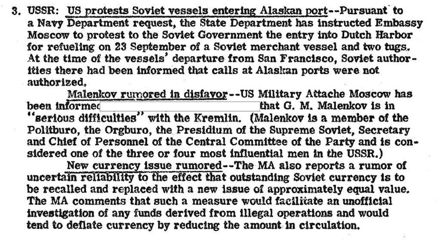 Фрагмент обзора донесений разведки США от 15 октября 1946 года с сообщением о валютной реформе в СССР Фрагмент обзора донесений разведки США от 15 октября 1946 года с сообщением о валютной реформе в СССР