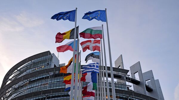 Флаги европейских государств перед зданием Европейского парламента в Страсбурге