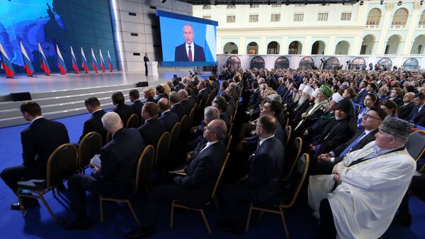 Президент РФ Владимир Путин выступает с ежегодным посланием Федеральному Собранию. 20 февраля 2019 Президент РФ Владимир Путин выступает с ежегодным посланием Федеральному Собранию. 20 февраля 2019