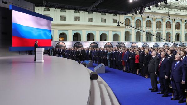 Президент РФ Владимир Путин выступает с ежегодным посланием Федеральному Собранию. 20 февраля 2019 Президент РФ Владимир Путин выступает с ежегодным посланием Федеральному Собранию. 20 февраля 2019