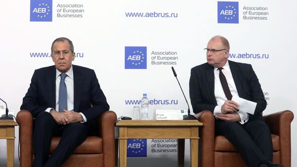 Министр иностранных дел РФ Сергей Лавров и генеральный директор Ассоциации европейского бизнеса Франк Шауфф во время брифинга для представителей Ассоциации европейского бизнеса в России. 21 февраля 2019 Министр иностранных дел РФ Сергей Лавров и генеральный директор Ассоциации европейского бизнеса Франк Шауфф во время брифинга для представителей Ассоциации европейского бизнеса в России. 21 февраля 2019