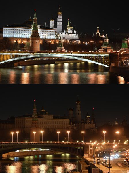 Московский Кремль до и после отключения подсветки в рамках экологической акции Час Земли Московский Кремль до и после отключения подсветки в рамках экологической акции Час Земли