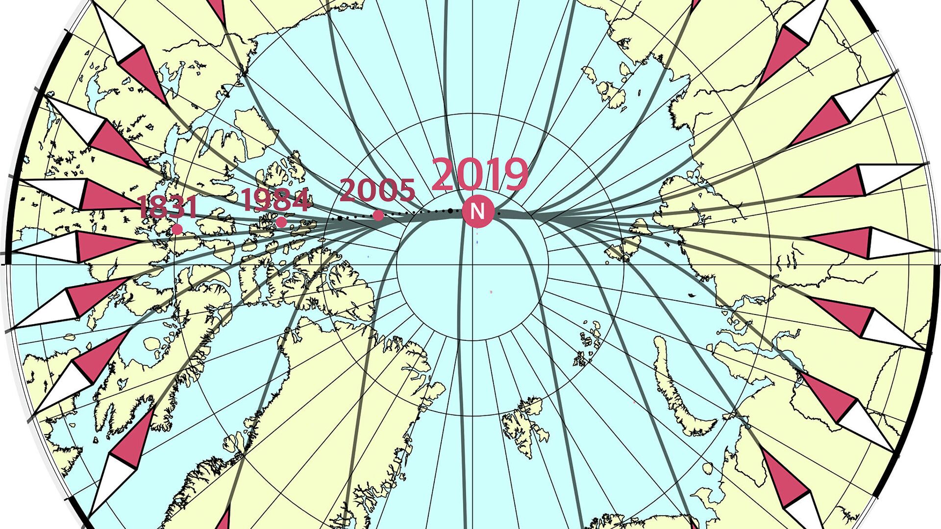 Карта движения магнитного полюса земли