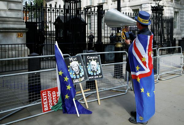 Противники Brexit у резиденции премьер-министра Великобритании на Даунинг-стрит. 7 мая 2019 Противники Brexit у резиденции премьер-министра Великобритании на Даунинг-стрит. 7 мая 2019